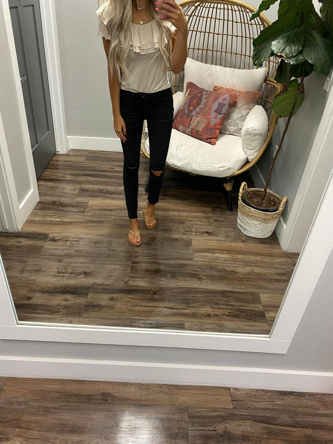 OATMEAL STRIPE RUFFLE CONTRAST TOP