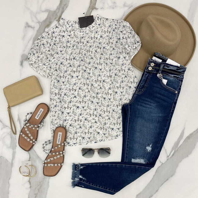 IVORY AND BLUE RUFFLE BLOUSE