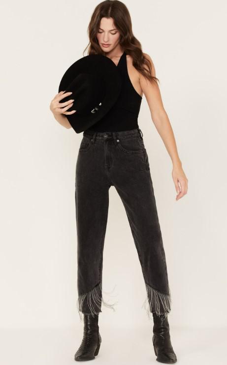 WASHED BLACK BEADED FRINGE STRAIGHT LEG ROCK & ROLL DENIM