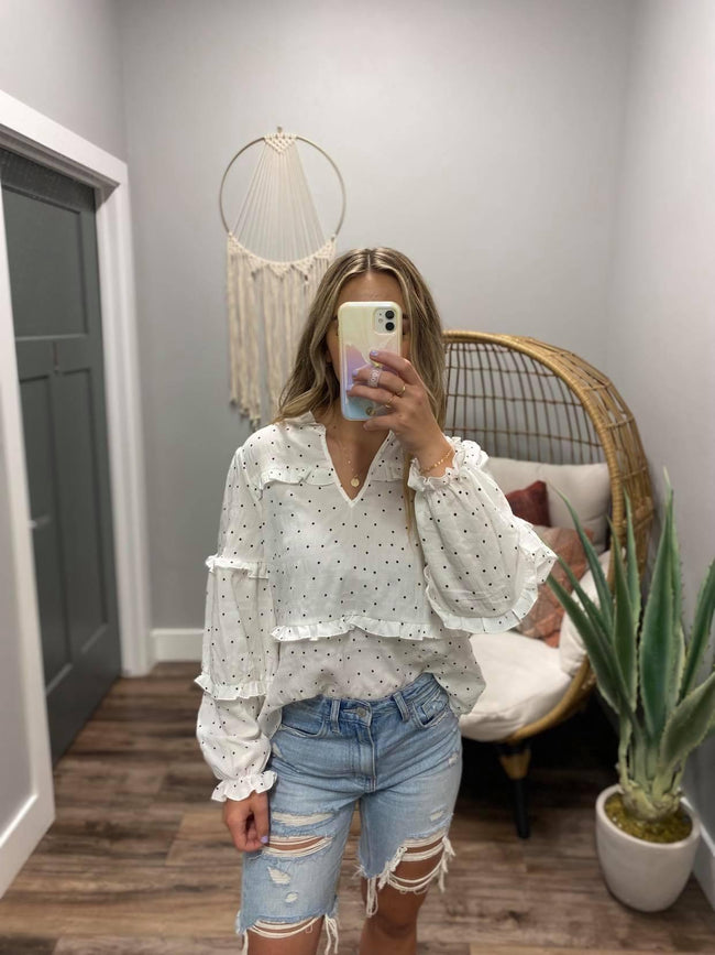 WHITE DOT RUFFLE BLOUSE TOP