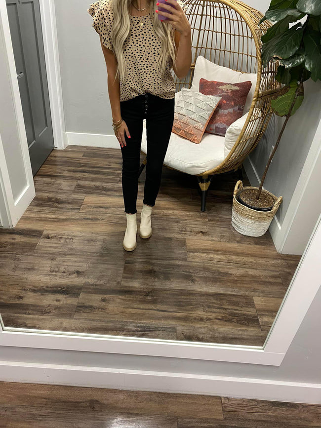 TAUPE LEOPARD RUFFLE SLEEVE BLOUSE