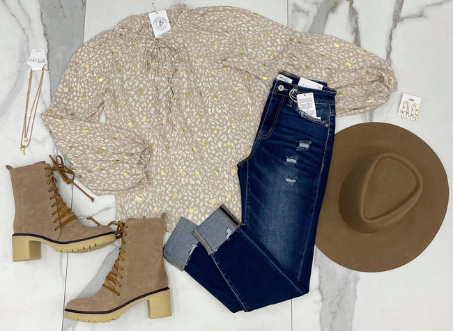 NATURAL LEOPARD GOLD FOIL BLOUSE
