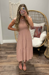 MAUVE SMOCKED RUFFLE SLEEEVE DRESS
