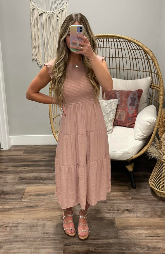 MAUVE SMOCKED RUFFLE SLEEEVE DRESS