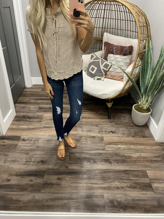 TAUPE EMBROIDERED TOP