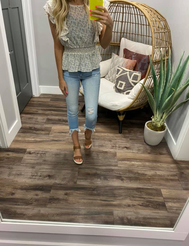 BLUE FLORAL PEPLUM SMOCK TOP