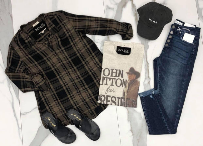 BLACK AND OLIVE PLAID TOP