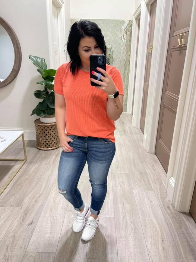 HOT CORAL RIBBED TEE