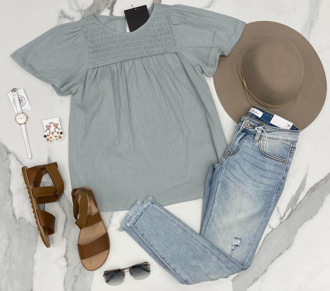 DUSTY MINT SMOCKED FLUTTER SLEEVE BLOUSE
