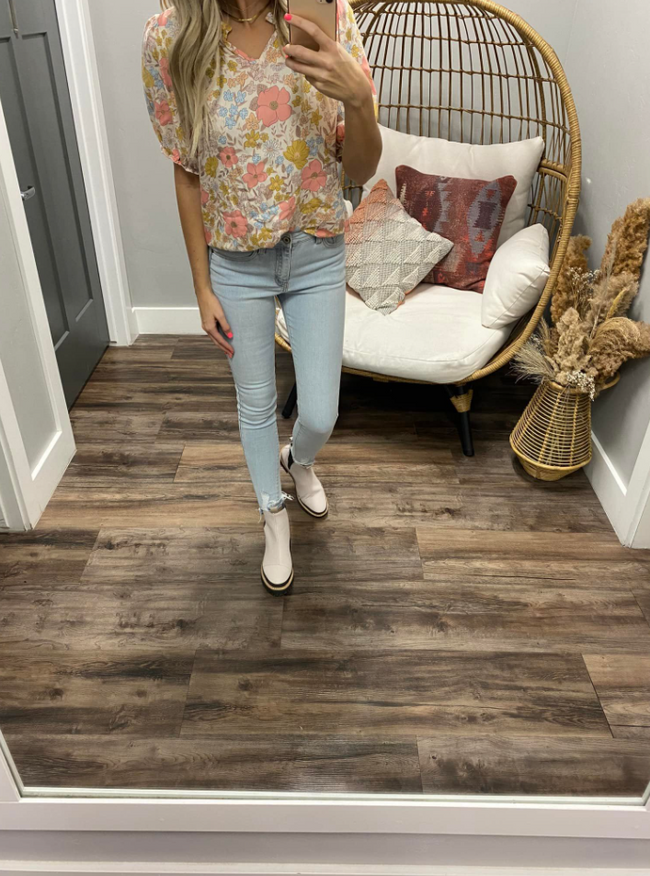 CREAM AND CORAL FLORAL RUFFLE DETAIL BLOUSE
