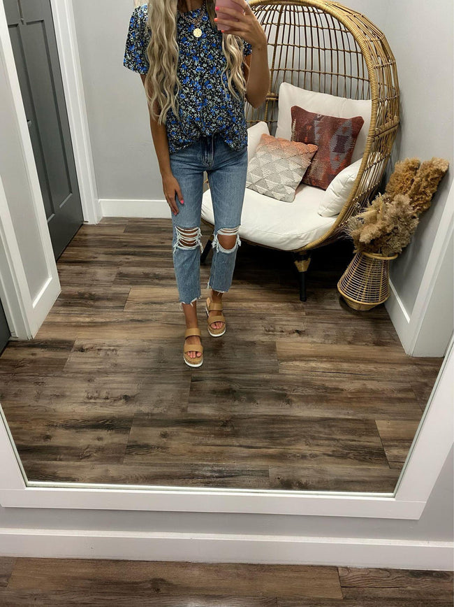 BLACK AND BLUE SMOCKED FLORAL BLOUSE