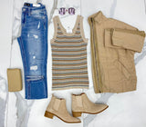TAUPE RIBBED MULTI STRIPE TANK