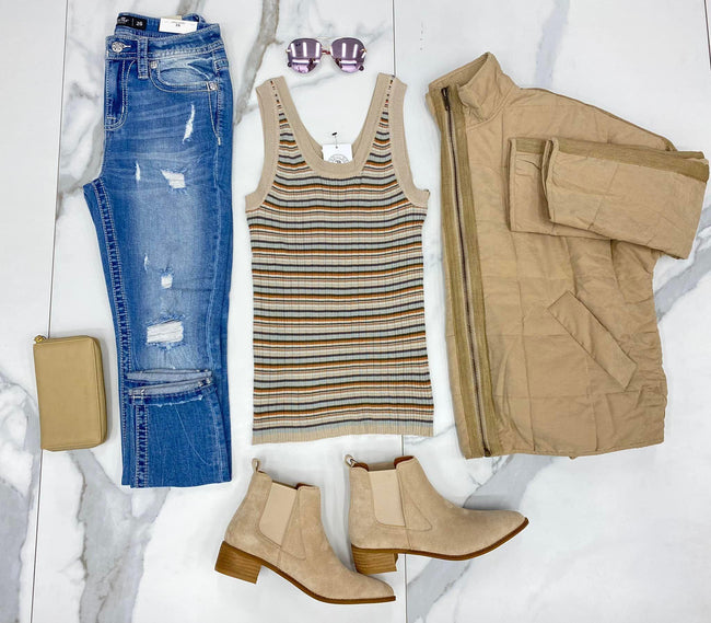 TAUPE RIBBED MULTI STRIPE TANK