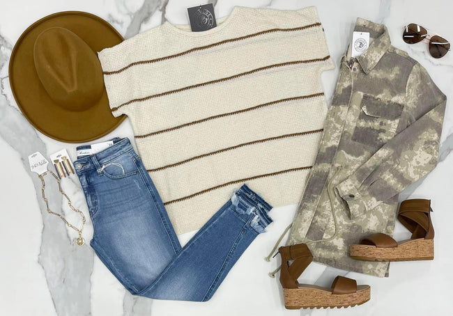 CREAM AND CAMEL STRIPE SWEATER TOP