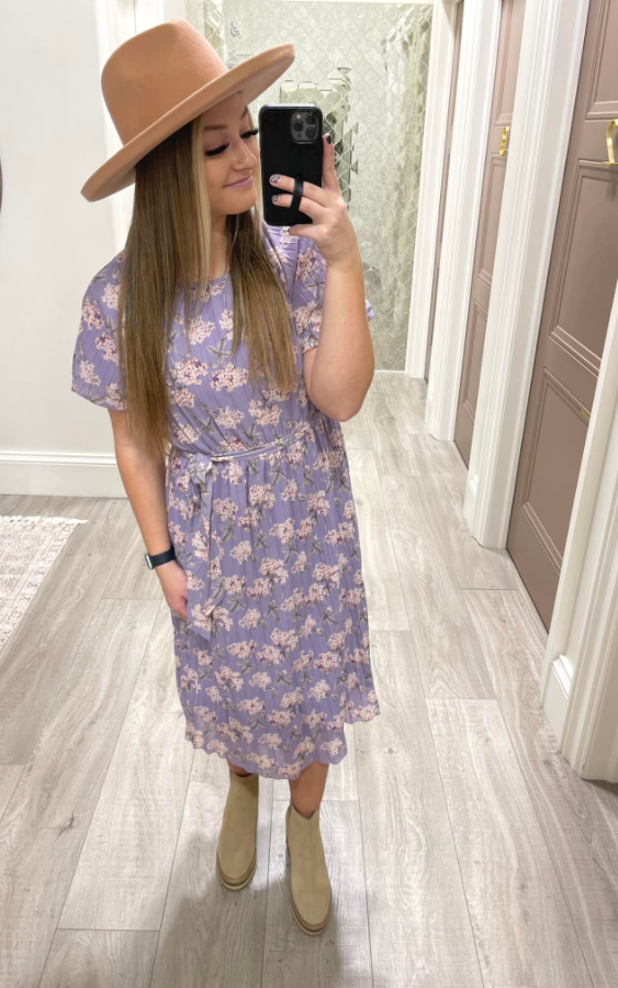 LAVENDER PLEATED FLORAL DRESS