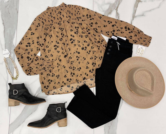 TAUPE ANIMAL PRINT GOLD DETAIL SMOCKED BLOUSE