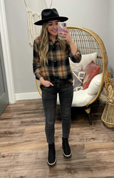 BLACK TAN AND WINE PLAID BUTTON UP TOP