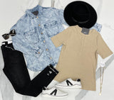 TAUPE SNAP HENLEY TOP
