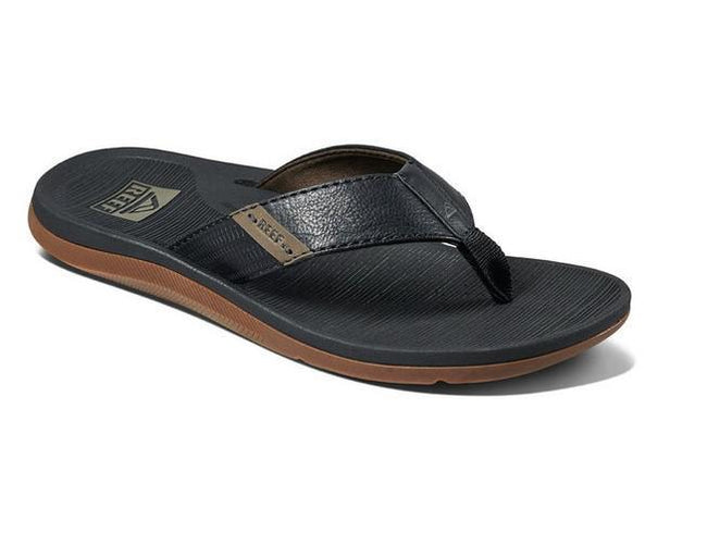 MENS REEF BLACK SANTA ANA LEATHER FLIP FLOPS