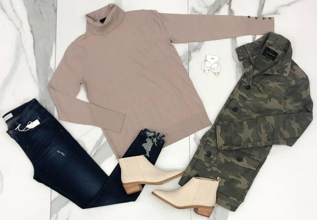 OATMEAL BUTTON SLEEVE SWEATER