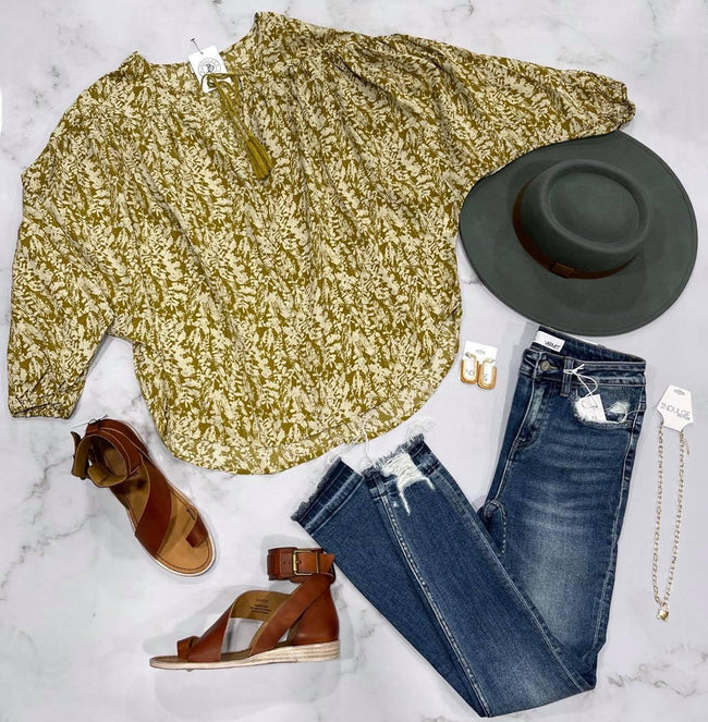 MUSTARD FLORAL TASSEL BLOUSE