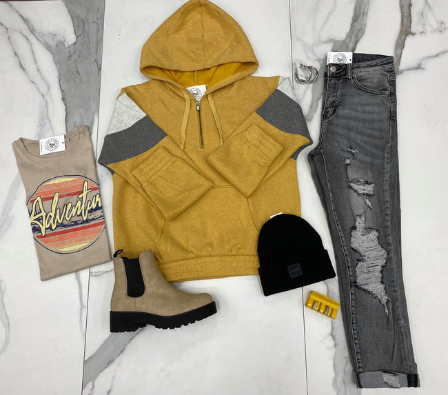 MUSTARD 1/4 ZIP COLORBLOCK HOODED CREW