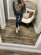 CHARCOAL RIBBED LONG LIVE FREE BIRD CREW SWEATER