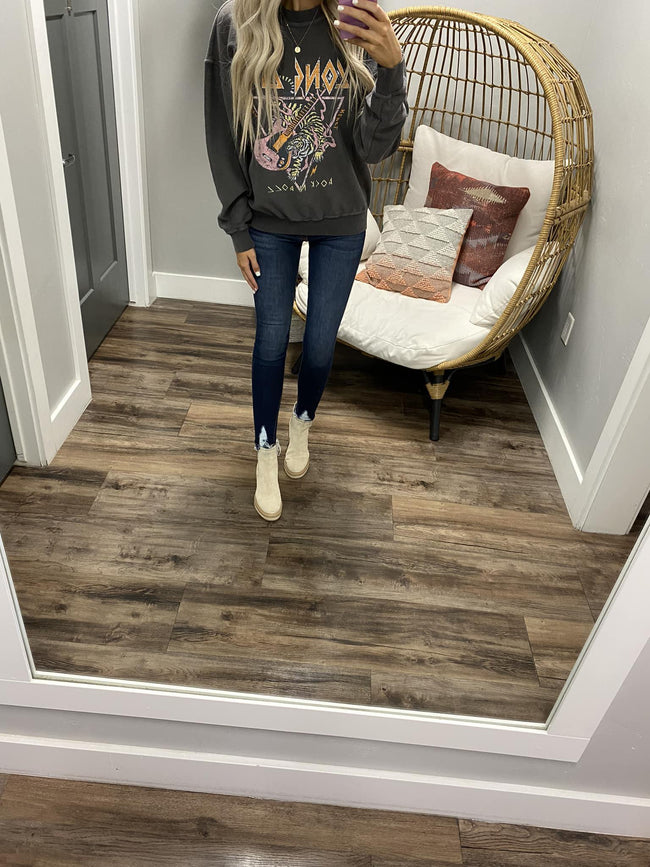 CHARCOAL RIBBED LONG LIVE FREE BIRD CREW SWEATER