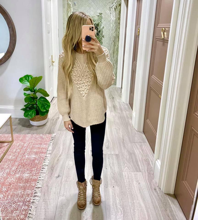 OATMEAL POM SWEATER TOP