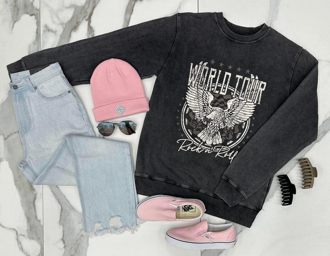 WASHED BLACK WORLD TOUR EAGLE CREW SWEATER