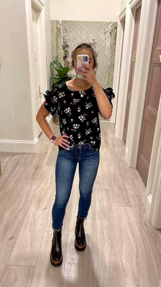 BLACK AND PEACH FLORAL BLOUSE