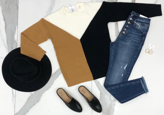 PLUS CAMEL BLACK AND CREAM CONTRAST SWEATER