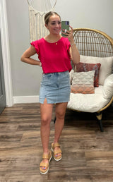 FUCHSIA FLUTTER SLEEVE BLOUSE TOP