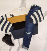 MUSTARD AND BLUE COLORBLOCK SWEATER