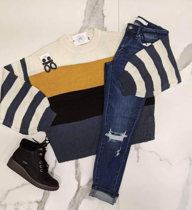 MUSTARD AND BLUE COLORBLOCK SWEATER