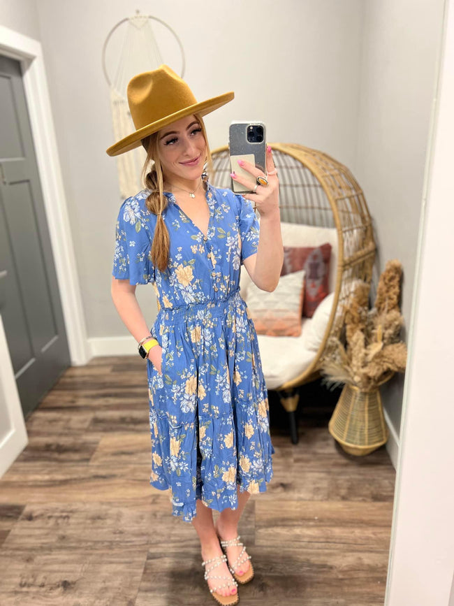 BLUE FLORAL BUTTON DRESS