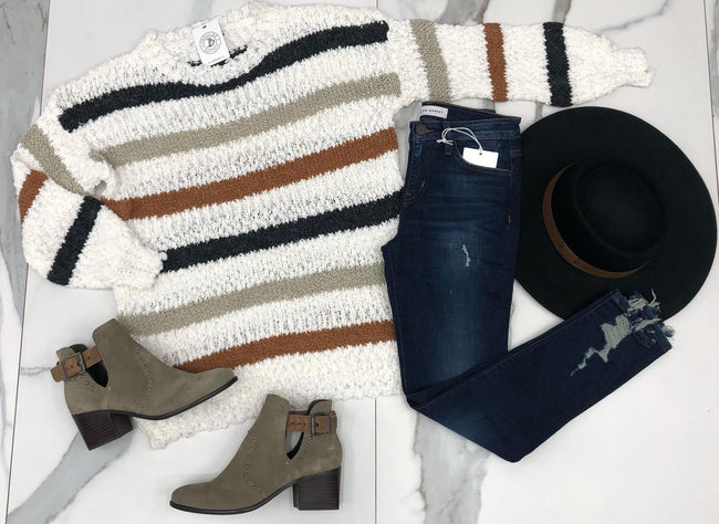 IVORY BLACK AND CAMEL STRIPE SWEATER
