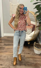 WINE CORDED DAISY FLORAL BLOUSE
