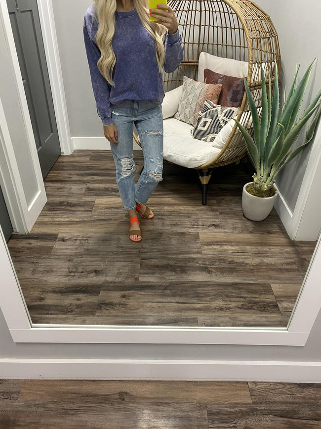 DENIM BLUE ACID WASH CREWNECK SWEATER