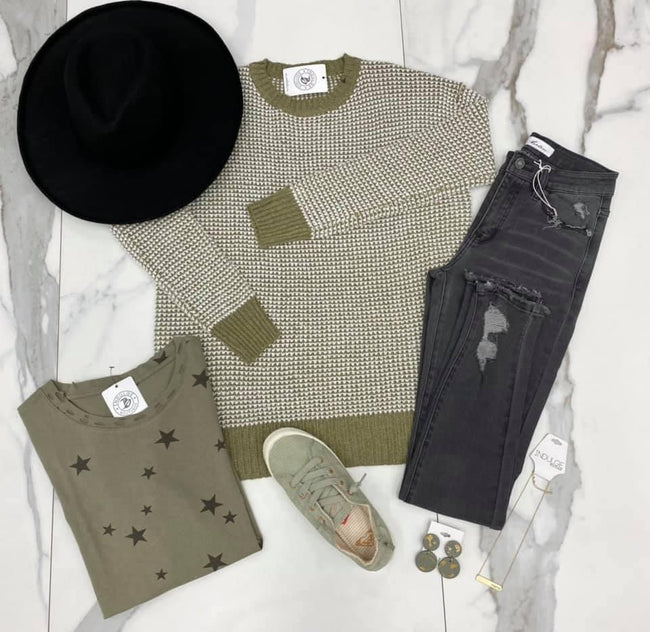 OLIVE MIXED KNIT SWEATER TOP