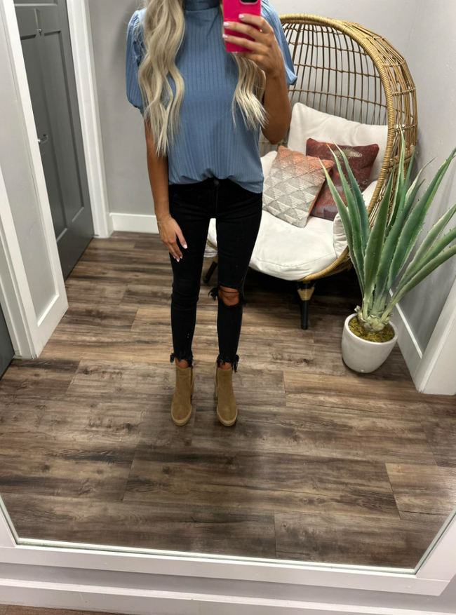 PRISCILLA BLUE MOCK NECK PUFF SLEEVE RIBBED TOP