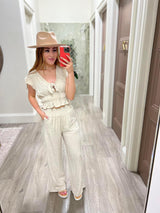 OATMEAL RUFFLE SLEEVE TIE FRONT TOP