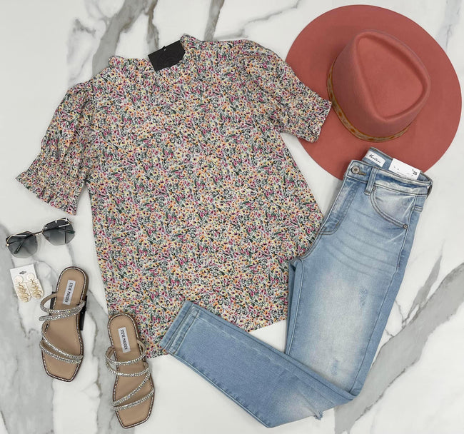IVORY FLORAL SMOCKED BLOUSE
