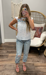 BLUE FLORAL EMBROIDERED BLOUSE