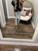 NAVY PUFF RUFFLE SLEEVE BLOUSE