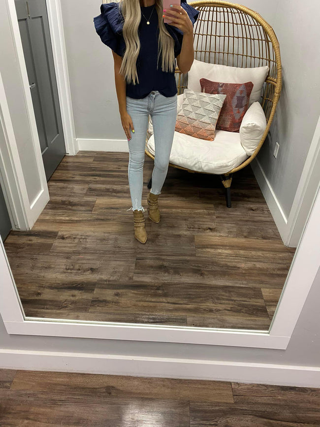 NAVY PUFF RUFFLE SLEEVE BLOUSE