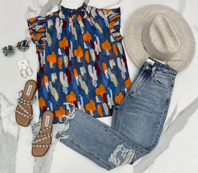 NAVY DREAMY PRINTED RUFFLE BLOUSE