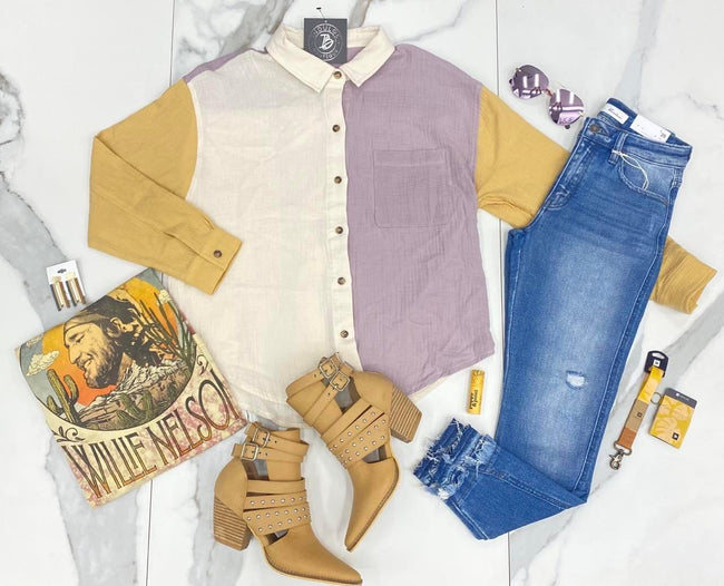LAVENDER MUSTARD COLORBLOCK BLOUSE