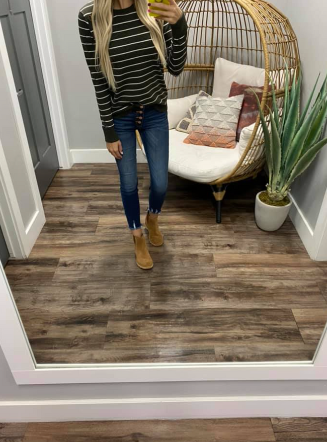 OLIVE AND IVORY STRIPE BUTTON DETAIL SWEATER TOP