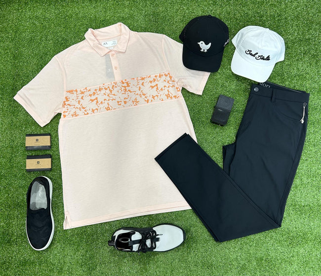 MENS OAKLEY PASTEL ORANGE SAND PRINT POLO